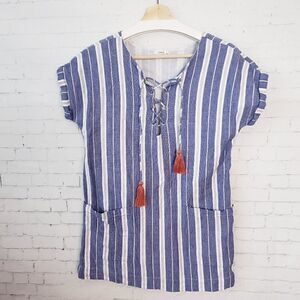 Tularosa Revolve Tunic Top Size XS Blue White Striped Tassels Beachy 100% Cotton